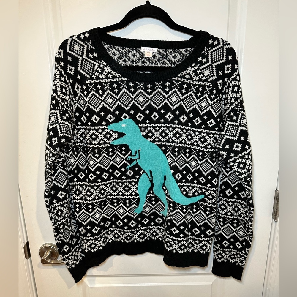 Large Knit Ugly Christmas Sweater dinosaur black and white holiday novelty
